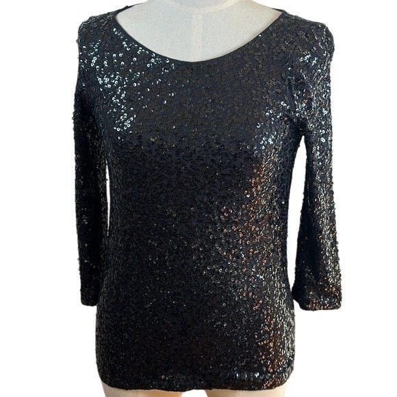 J. Crew Black All Over Sequined Cotton Knit Top 3/4 Sleeve Size Small - Picture 10 of 10